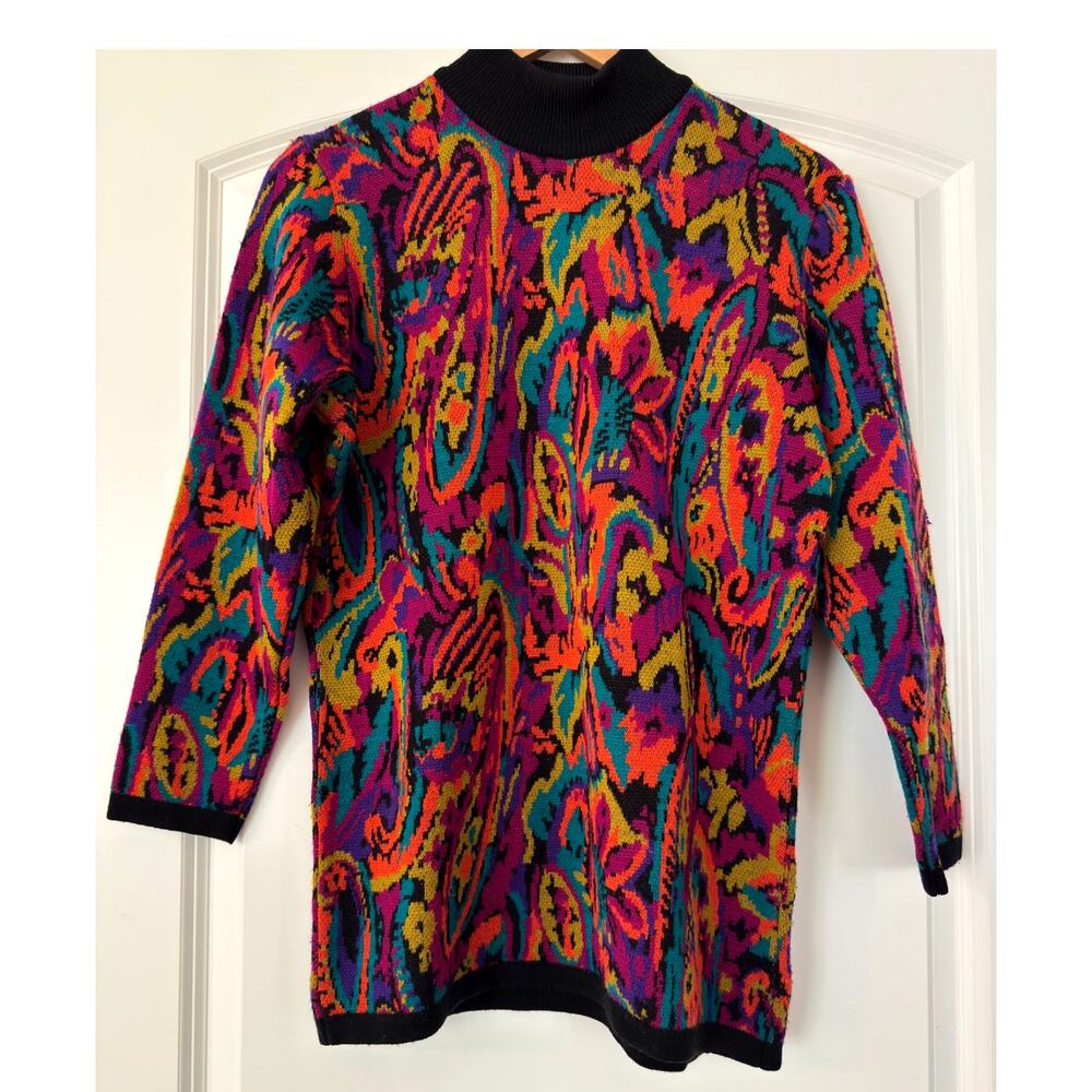Vintage Jaeger 100% Merino Wool Paisley Sweater Mock Neck Multicolor 90s